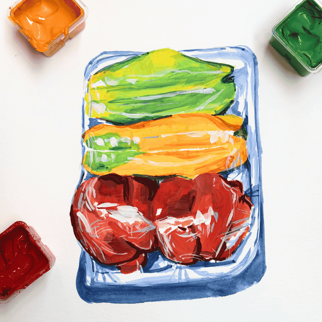Loosely paint bell peppers with Gouache April 21st