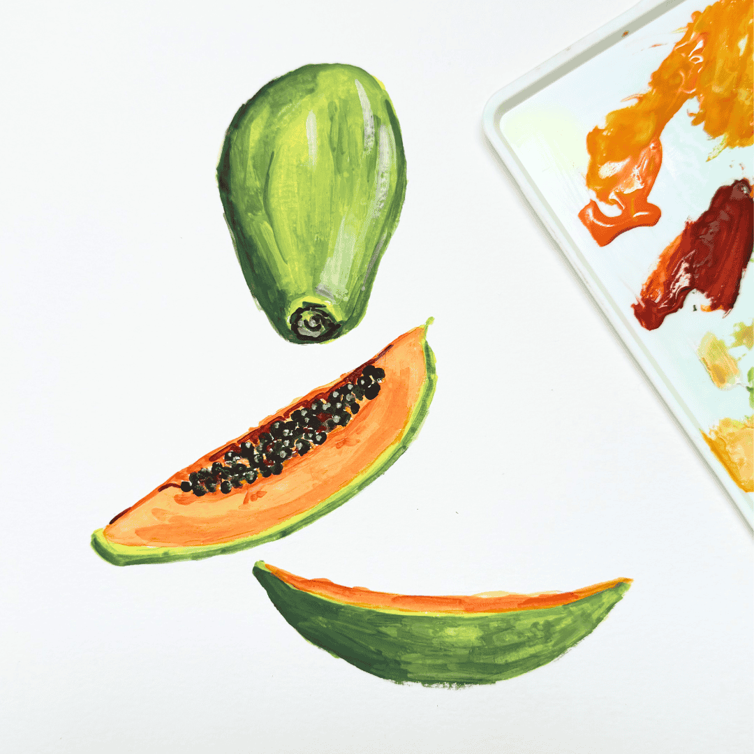 Loosely paint papayas with Gouache April 14th